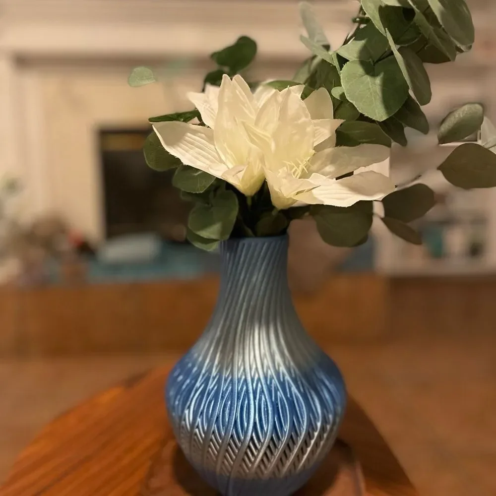 3D Printed Elegant Blue and White Vase with Faux Flowers
